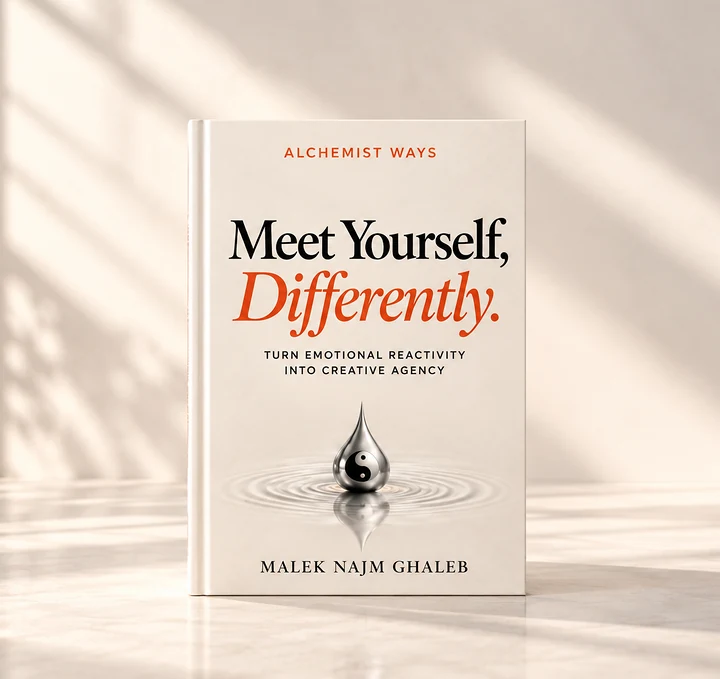 The book Meet Yourself, Differently. by Malek Najm Ghaleb standing in soft window light.