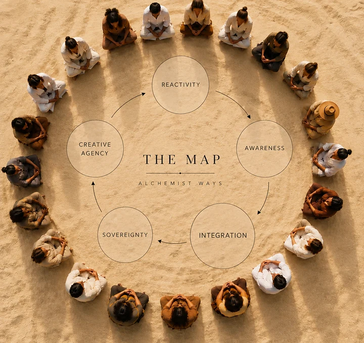 Aerial view of people seated in a circle on sand around The Map drawn with its five stages.